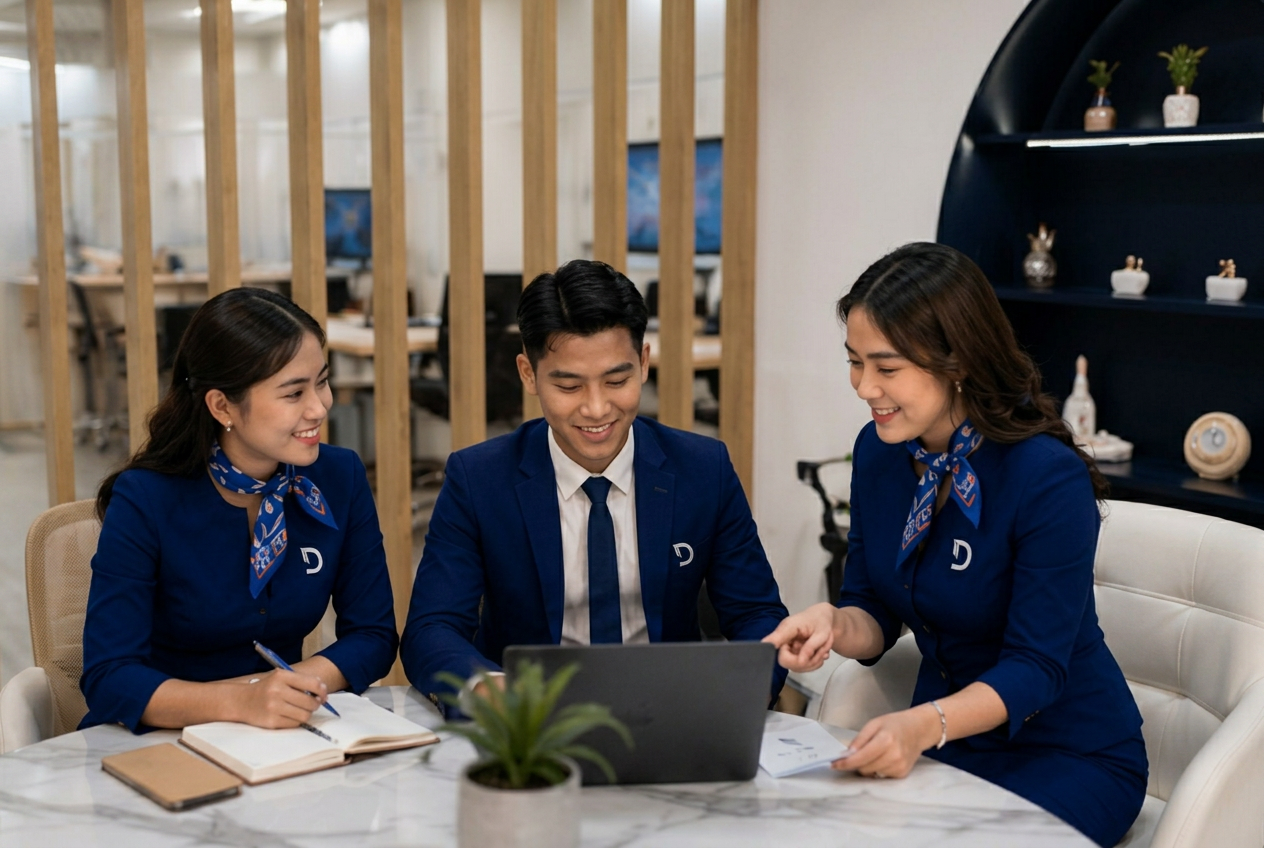 Team huddle reviewing client bookings