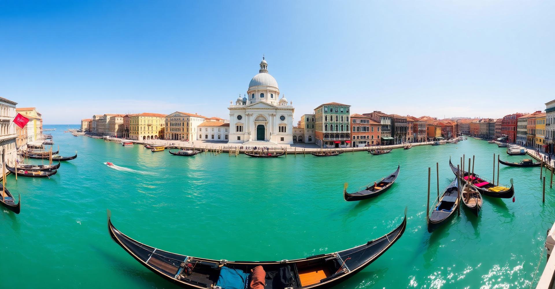 Sunlit Venice grand canal with gondolas